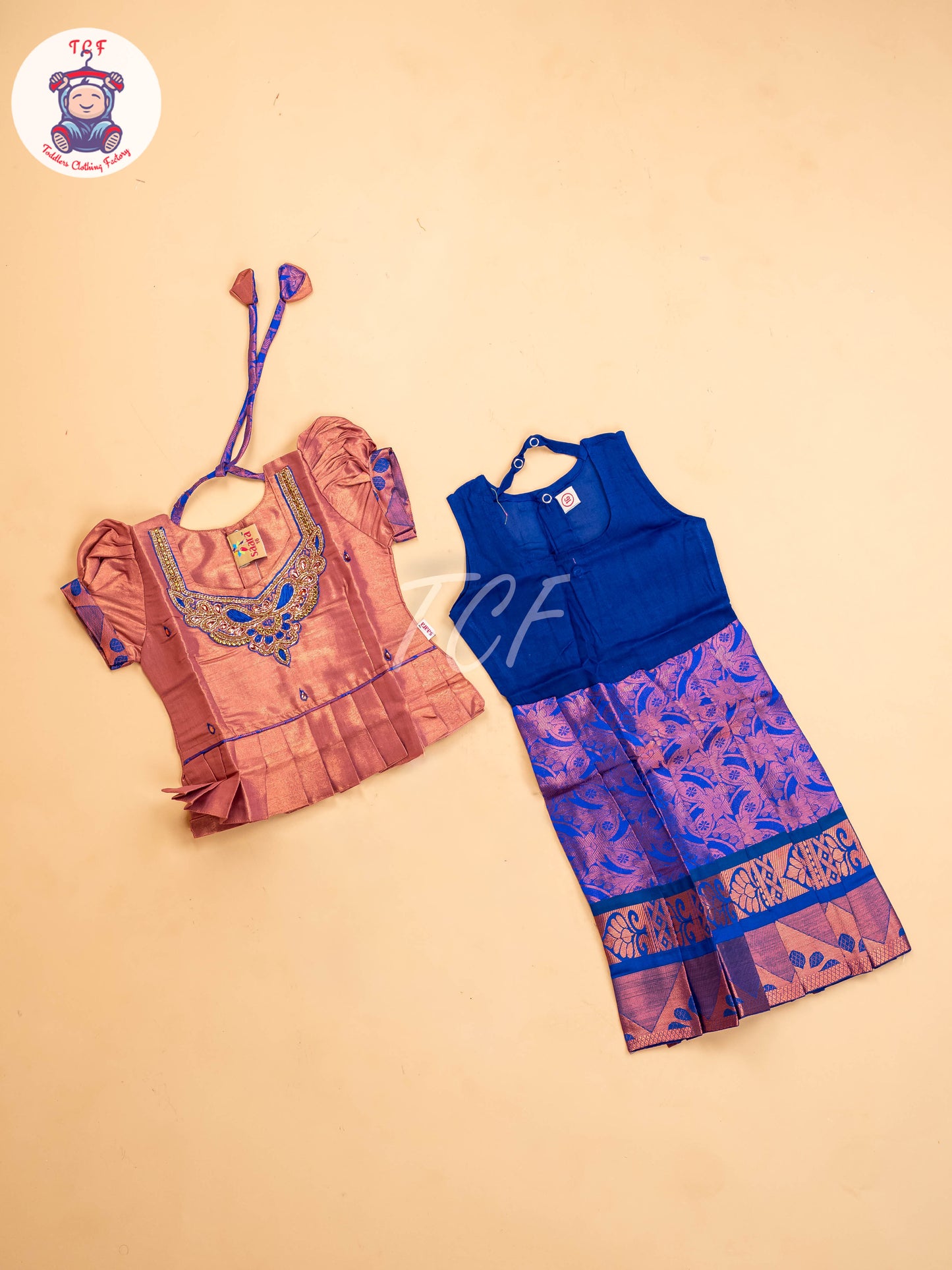 Light Brown & Blue - Girls Readymade Pavadai Sattai