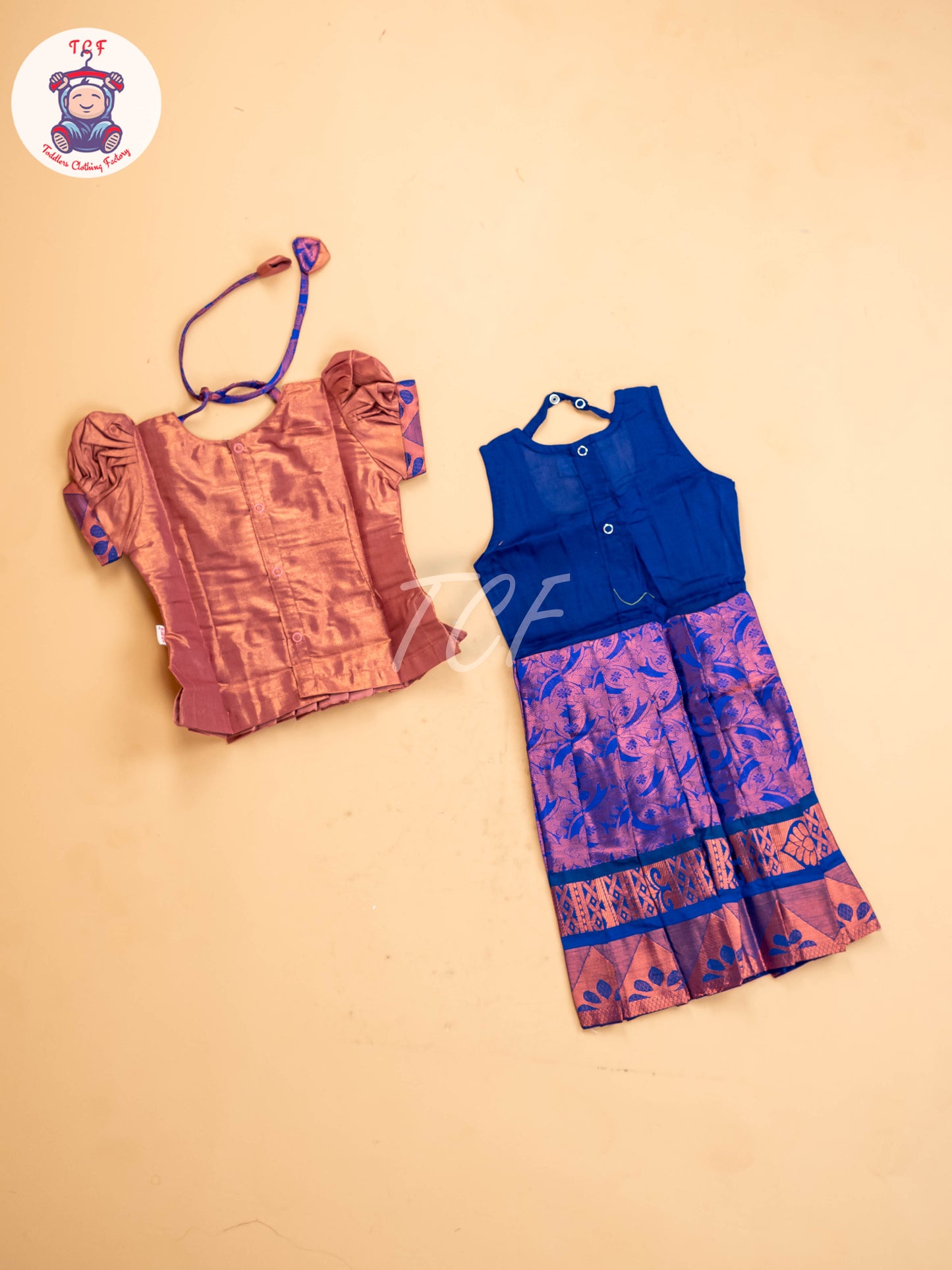 Light Brown & Blue - Girls Readymade Pavadai Sattai