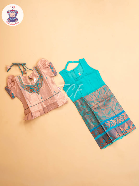 Peach & Light Green - Girls Readymade Pavadai Sattai
