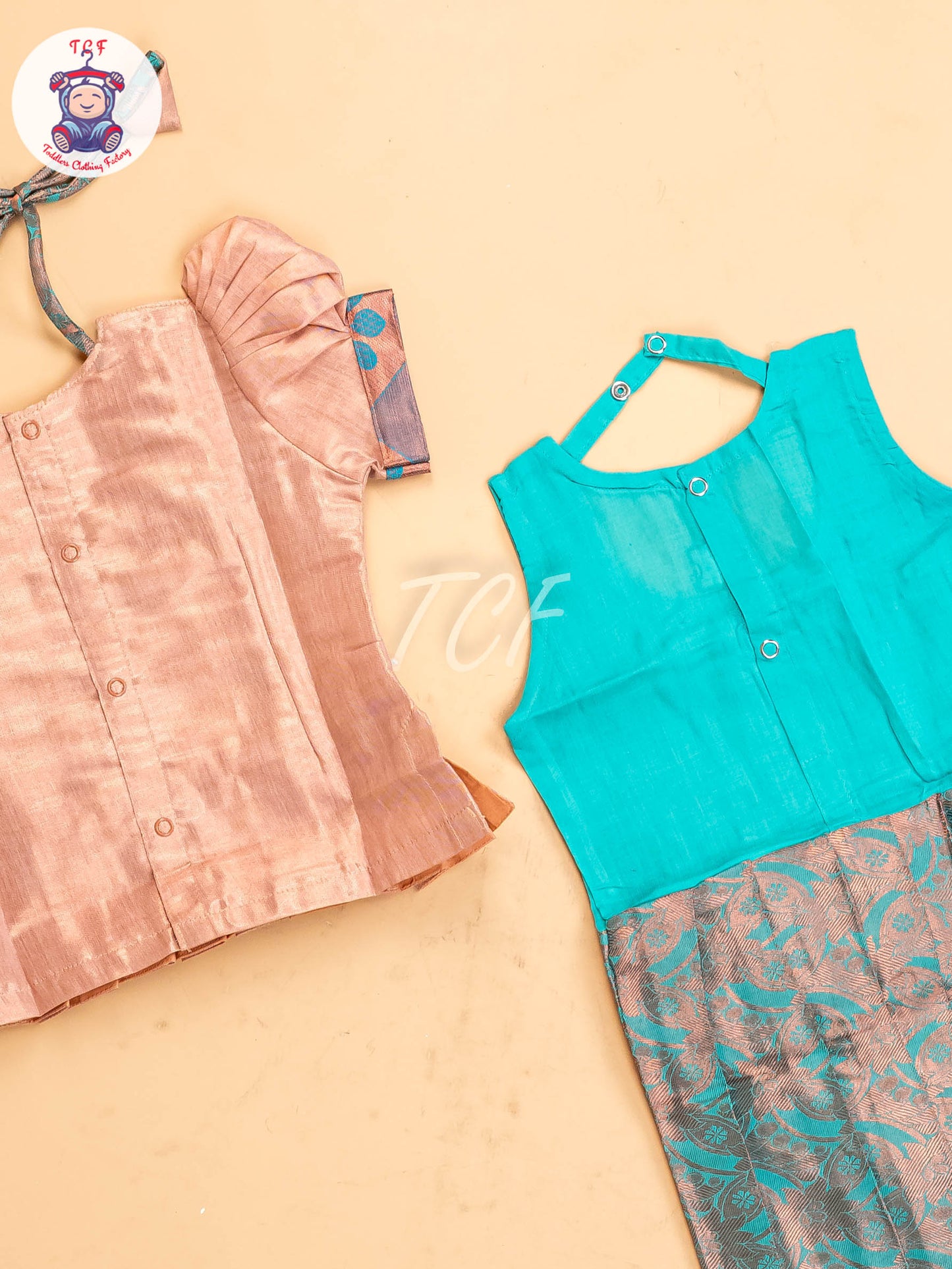 Peach & Light Green - Girls Readymade Pavadai Sattai