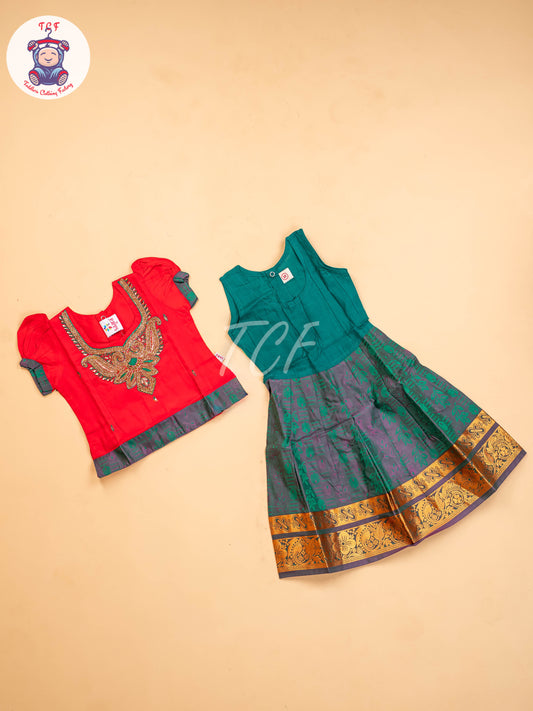Red & Green - Girls Readymade Pavadai Sattai