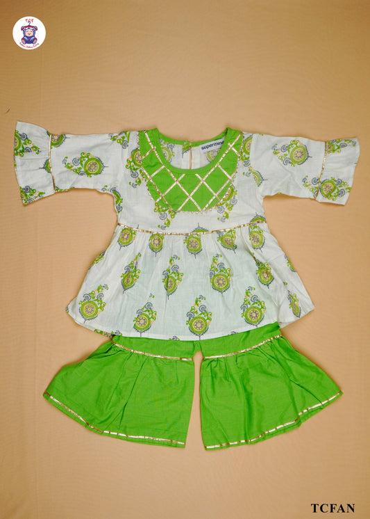 Lawn Green & White - Printed A-Line Kurti Set